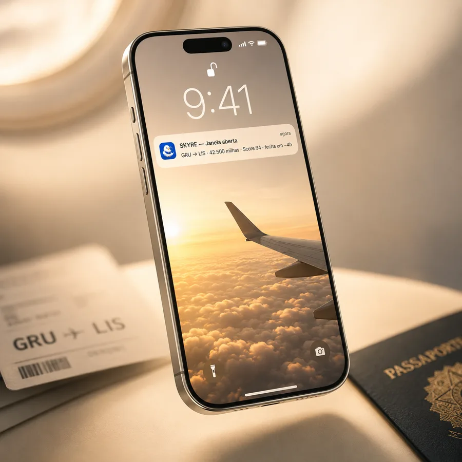 iPhone com notificação do SKYRE na tela de bloqueio: janela aberta GRU para Lisboa