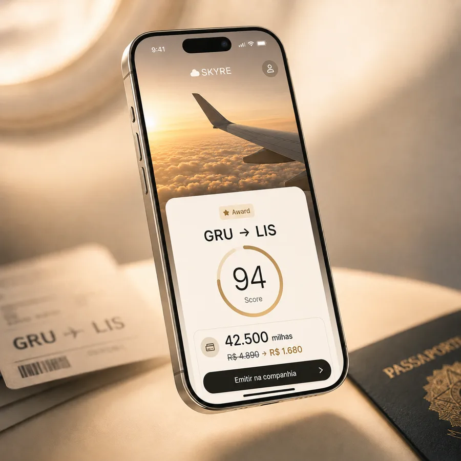 App SKYRE mostrando oportunidade GRU para Lisboa com score 94 e comparação de preço